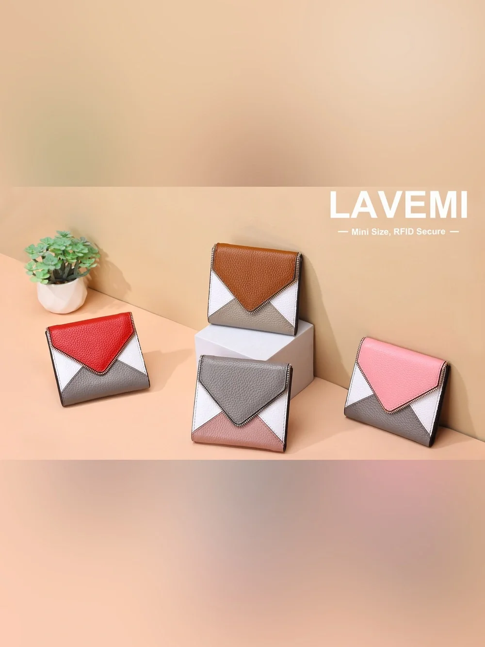 Lavemi Compact Envelope Wallet Mini RFID Blockkng - Red White and Tan